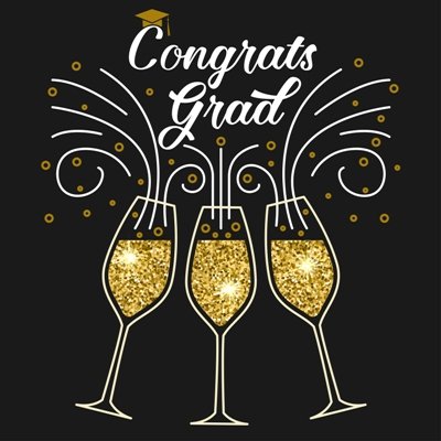 Three glasses of champagne raised in a toast and written on it congrats grad