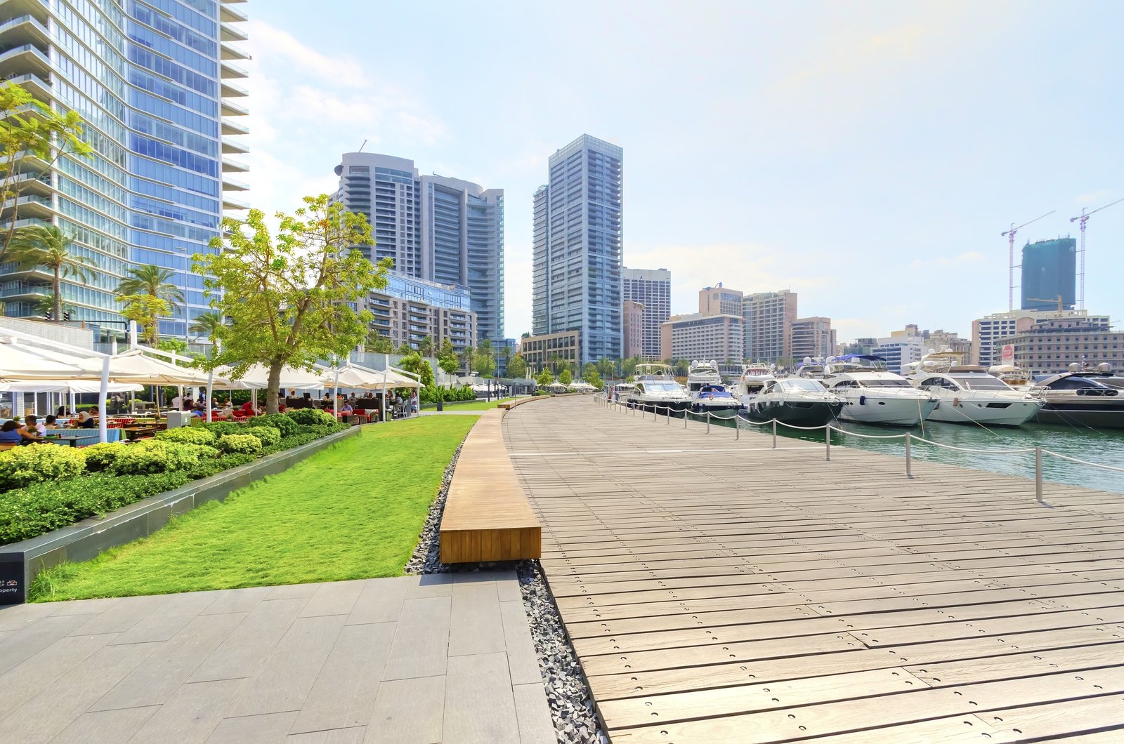 A view of the beautiful Marina in Zaitunay Bay in Beirut Lebanon. A very modern high end and newly developed area where yachts are embarked and it's perfect for a waterfront promenade.