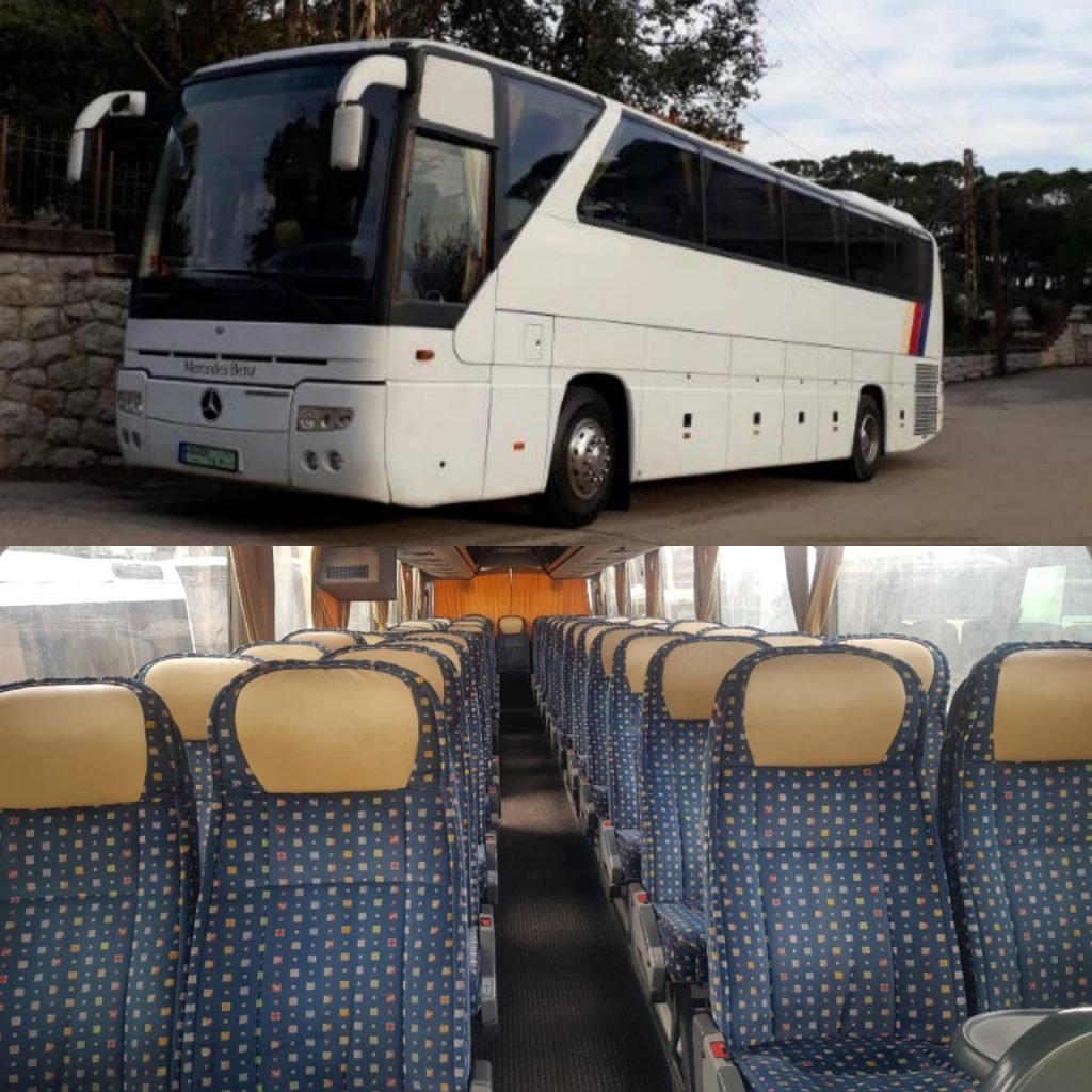 The interior and exterior of a white large bus for transportation services in Lebanon