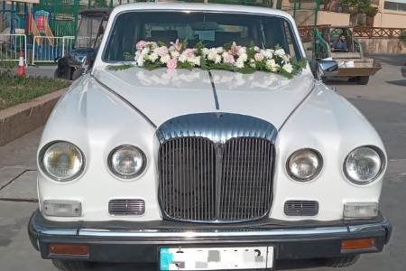 The front side of the wedding car Daimler half limousine with colorful flower decoration