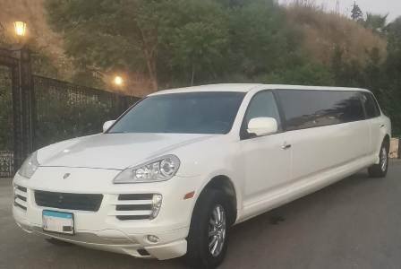 Luxury Porsche Cayenne Limousine parked next to a large steel residential gate